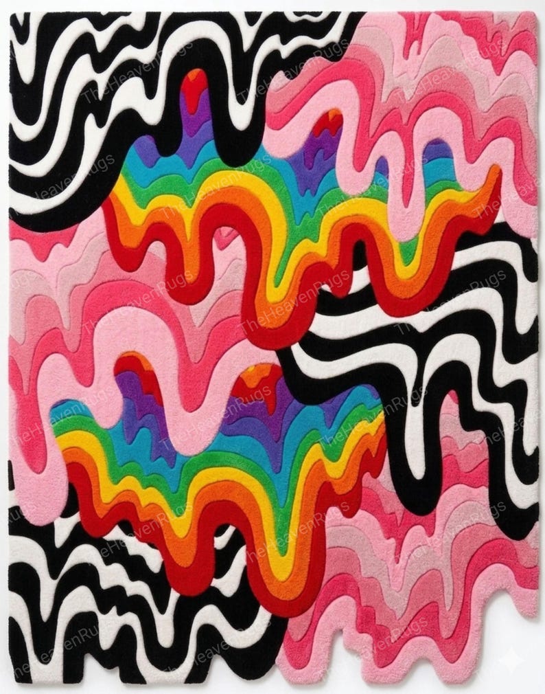 ​A vibrant hand-tufted wool area rug featuring a maximalist psychedelic melting drip design. The abstract floor art includes hypnotic black and white wavy stripes, a cascading rainbow color melt, and plush pink liquid drips finishing with an irregular custom-cut edge.