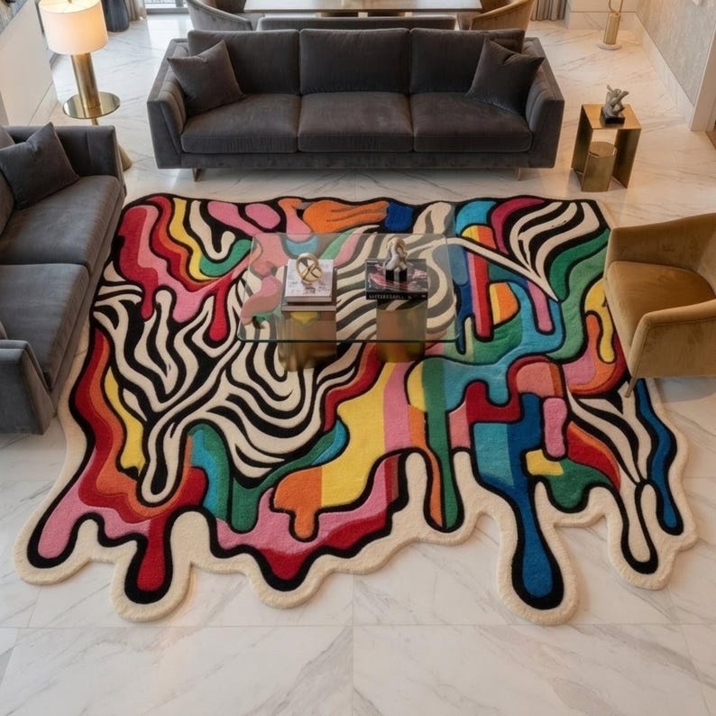 Colorful Abstract Hand-Tufted Wool Rug, Irregular Melting Statement Art Rug, Modern Designer Carpet for Luxury Interiors