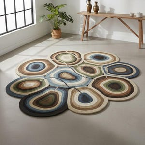 Dywan w kształcie organicznego, tkany ręcznie, wełniany dywan w kolorze ziemistego kamienia, abstrakcyjny dywan z agatowej geody do salonu, wystrój w stylu mid-century modern
