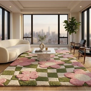 May include: A rectangular area rug featuring a checkered pattern in alternating cream and olive green squares, accented with large, textured pink flower motifs distributed across the surface. The rug has a thick, plush pile construction.