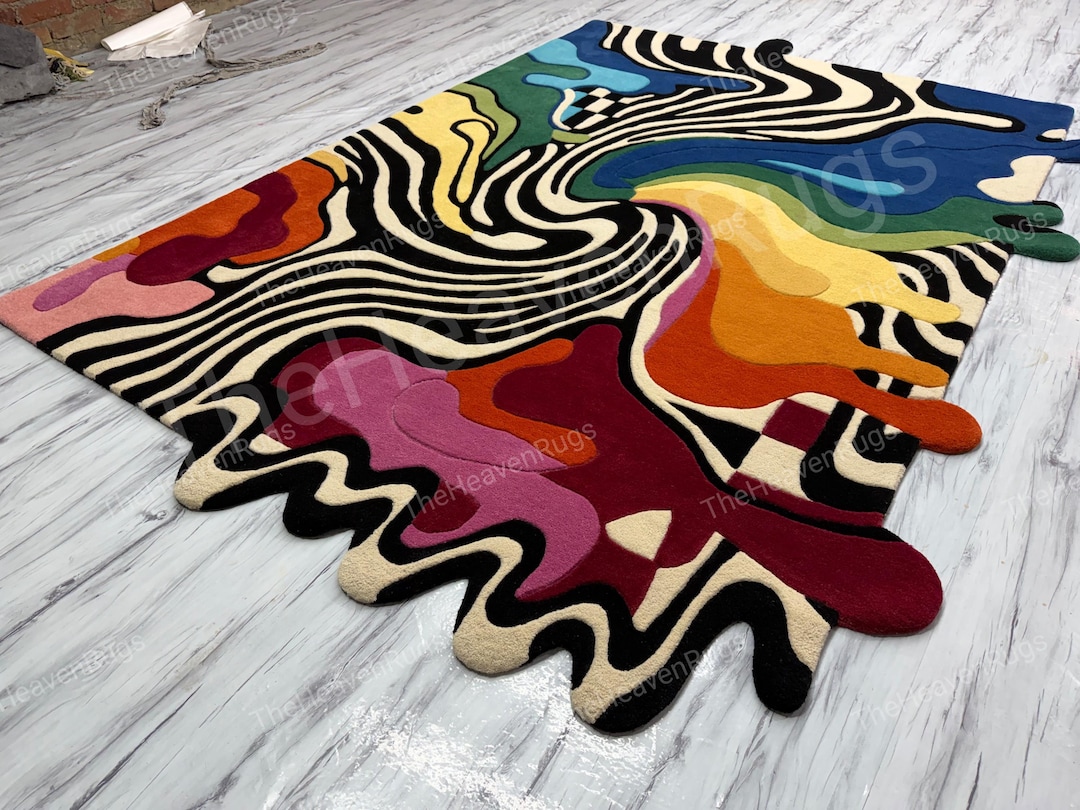 Irregular Abstract Hand Tufted Wool Rug, Wavy Psychedelic Op Art ...