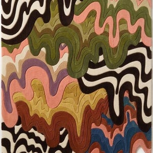 May include: A rectangular tufted rug featuring a multi-colored abstract pattern of flowing, wavy lines. The design incorporates layers of dark brown, olive green, soft pink, mustard yellow, cream, purple, and blue in a liquid-like drip effect.