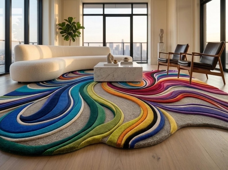 Colorful Abstract Area Rug, Wavy 3D Sculpted Wool Carpet, Modern ...