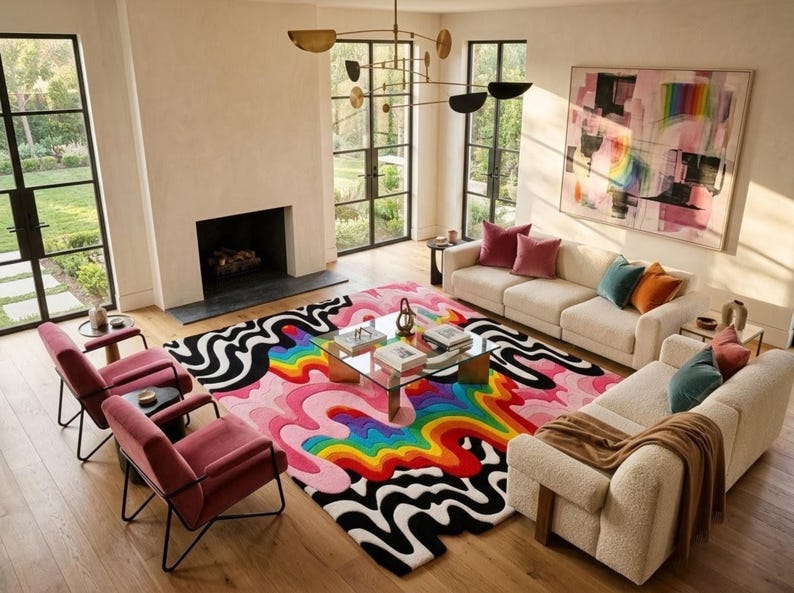 May include: A large rectangular area rug featuring a vibrant, multi-colored abstract design with flowing, wavy lines in bright rainbow hues of red, orange, yellow, green, blue, and purple, contrasted by bold, thick black and white wavy borders.