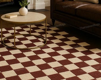 Burgundy & Cream Checkerboard Carpet, Hand Tufted Checkered Wool Rug Modern Geometric Plush Handmade Floor Carpet