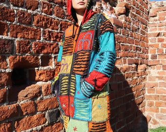 Hippie Patchworkowy Bawełniany Płaszcz Elf z Kapturem, Kurtka Boho z Podszewką Polarową