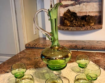 Murano Venetian Glass Decanter  Bottle & Glass Set Green with Gold Italy