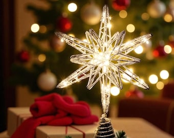 Adorno de estrella LED para la punta del árbol / Decoración navideña dorada y plateada / Decoración brillante para las fiestas