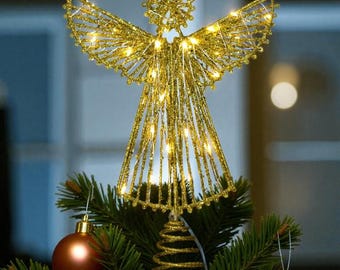 Puntale luminoso a LED per albero di Natale con angelo / Decorazione natalizia in oro e argento / Ornamento luminoso per le feste