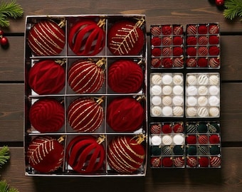Adornos navideños de terciopelo rojo, juego de 12 piezas / Elegantes decoraciones para el árbol de Navidad / Caja de regalo con adornos navideños
