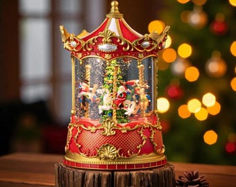 Vintage kerstcarrousel muziekdoos met sneeuwval | Verlichte roterende kerstman sneeuwbollantaarn