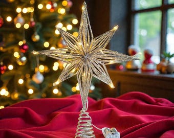 Puntale per albero a forma di stella a LED a 8 punte / Decorazione natalizia con luce calda / Pezzo decorativo ornamentale festivo