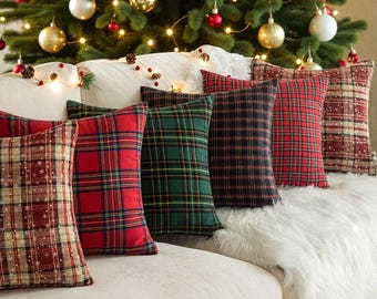 Copricuscini natalizi a quadri / Copricuscini natalizi in tartan / Decorazioni invernali rustiche / Stile accogliente da baita