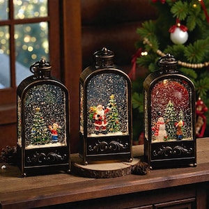 Christmas Snow Globe Lantern | Vintage LED Holiday Centerpiece | Santa & Snowman Light Decor