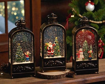 Farol navideño con forma de bola de nieve / Centro de mesa navideño LED vintage / Decoración con luces de Papá Noel y muñeco de nieve