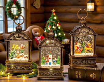 Farol navideño vintage / Luz decorativa de bola de nieve / Farol navideño con nevadas / Decoración navideña