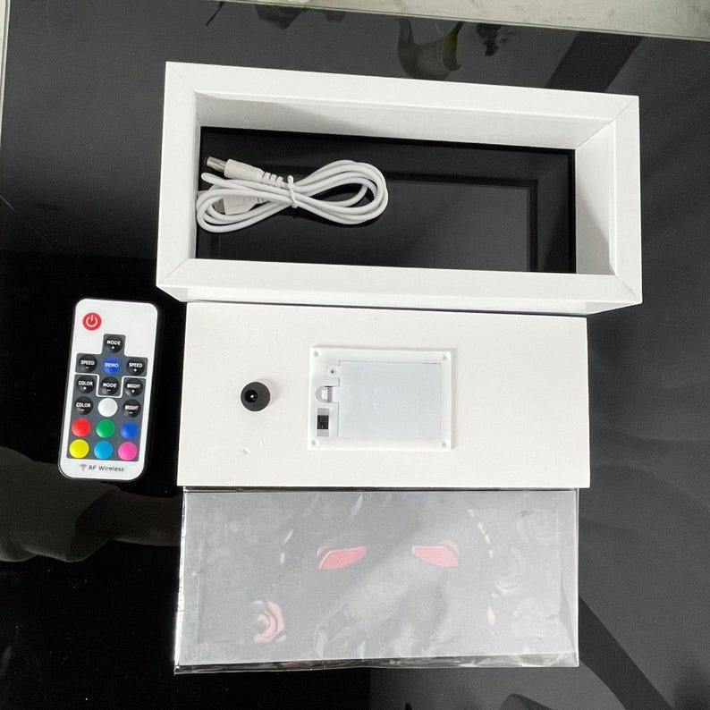 Pu&ograve; includere: Una scatola luminosa a LED bianca con interno nero, un cavo USB e un telecomando. Il telecomando ha pi&ugrave; opzioni di colore. La scatola luminosa ha un vano batteria e un piccolo pulsante nero. Un'immagine avvolta in plastica &egrave; in basso.