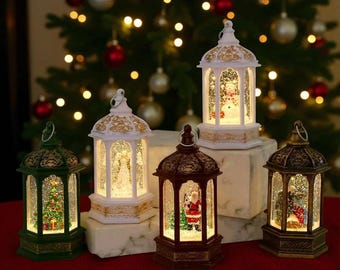 Lanterna a globo di neve a LED per Natale / Luce esagonale con glitter riempita d'acqua / Lampada da notte per decorazioni natalizie