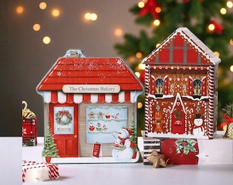 Decorazione a forma di casetta di pan di zenzero in scatola di latta, contenitore per biscotti natalizi, set di scatole per le feste