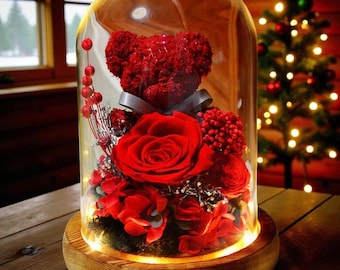 Cupola a forma di orso con fiori stabilizzati a LED / Decorazione luminosa a forma di rosa / Luce notturna in vetro / Decorazione natalizia