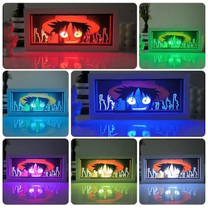 Pu&ograve; includere: Una scatola luminosa a LED rettangolare con un personaggio dei cartoni animati con un cappello di paglia. Il volto del personaggio &egrave; illuminato e la scatola luminosa ha una cornice bianca. La scatola luminosa &egrave; mostrata con luci di diversi colori, tra cui rosso, verde e blu.