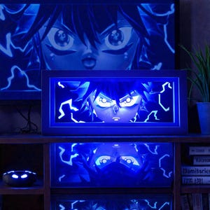 Pu&ograve; includere: Un'opera d'arte in stile anime illuminata di blu, con un personaggio dagli occhi intensi e i capelli a punta. L'opera &egrave; incorniciata e posta su uno sfondo scuro, con accenti di fulmini. Un'immagine simile &egrave; visualizzata su uno schermo sopra.