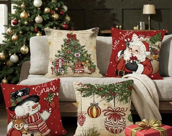 Copricuscini natalizi – Salotto vintage per le feste / Babbo Natale, pupazzo di neve, albero di Natale e decorazioni / Decorazioni per divani festivi