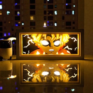 Pu&ograve; includere: Un'opera d'arte anime rettangolare e illuminata con un personaggio con capelli gialli e dettagli di fulmini. L'opera d'arte &egrave; incorniciata in una cornice scura, con il volto del personaggio e i fulmini che brillano intensamente. Il pezzo si riflette su una superficie.
