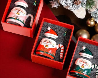 Set regalo di tazze natalizie 3D di Babbo Natale / Tazza di cioccolata in ceramica con coperchio e cucchiaio