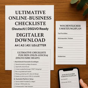 以下が含まれることがあります： 「ULTIMATIVE ONLINE-BUSINESS CHECKLISTE」と「DIGITALER DOWNLOAD」のテキストが入った、オンラインビジネス向けのデジタルダウンロードチェックリスト。A4、A3、A5、USレターサイズが含まれています。また、週次実行計画も含まれています。