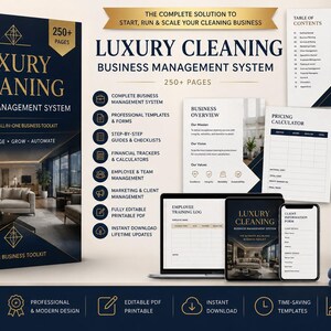 Könnte beinhalten: Ein Luxury Cleaning Business Management System mit einem über 250-seitigen Handbuch, digitalen Vorlagen und Checklisten auf Laptop, Tablet und Smartphone. Das dunkelblaue und goldene Design umfasst Geschäftsformulare und Zeitpläne.