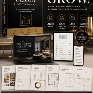 Puede incluir: Un kit de herramientas empresarial de diseño de interiores en negro y oro que incluye una carpeta, portátil, tableta y teléfono con cronogramas y listas. Contiene documentos impresos como planificadores de presupuesto y facturas.
