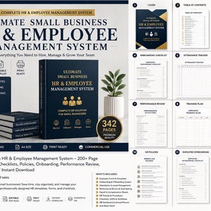May include: A digital HR and employee management system bundle featuring a dark blue book cover with gold text, a stack of books, and twelve document templates including checklists, trackers, and dashboards for small business administration.