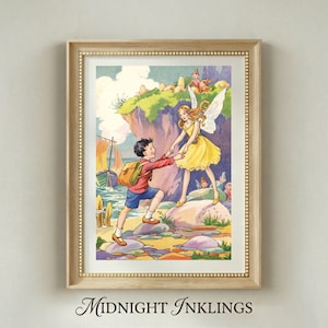 May include: A framed illustration depicting a young person in a red shirt and blue shorts holding hands with a fairy wearing a yellow dress and white wings. The scene includes a rocky cliff, a sailboat on the water, and small figures in the background.