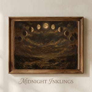 May include: A framed wall art print featuring a dark, moody landscape under a night sky with a full lunar cycle arching across the top. The scene depicts a textured, earthy terrain with low-lying vegetation and clouds in shades of brown and gold.