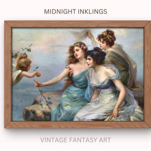 May include: A framed vintage fantasy art print featuring four women and a cherub. The women are dressed in flowing gowns, with one receiving an orange from the cherub. The artwork is set against a soft, cloudy background. The text "MIDNIGHT INKLINGS" and "VINTAGE FANTASY ART" are visible.