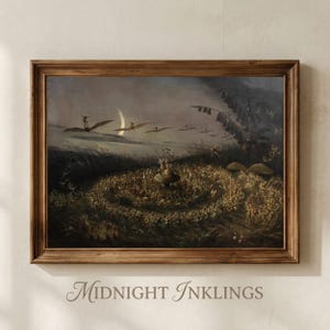 May include: A framed wall art print featuring a dark, atmospheric painting of a large group of small winged figures dancing in a circular formation under a crescent moon, with other figures flying in the sky above, all enclosed in a wooden frame.