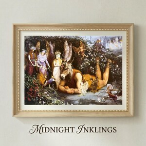 May include: A framed art print depicting a scene with a central figure featuring a donkey head and human body, surrounded by winged fairy figures in a forest setting. The text Midnight Inklings is printed in a dark serif font below the frame.