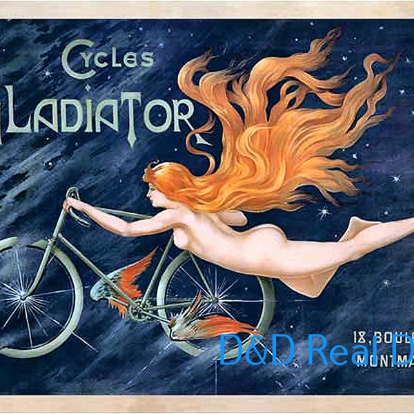 Gladiator Cycles Bicycle Advertising Art Print Reproduction, Nude Female, JPG, Unframed, High Gloss Paper, Transportation