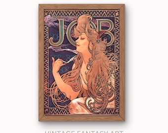 Grabado de Alphonse Mucha, Job Tobacco Papers, reproducción de grabado Art Nouveau, 1896, JPG, impresión de 8,5 x 11 pulgadas.