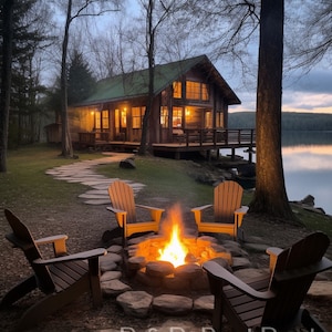 Modern Lakefront Cabin with Chairs Around Campfire Art Print ~ 8x10 ~ One of a Kind Art ~ JPG ~ 300 DPI ~ Unframed High Gloss Paper