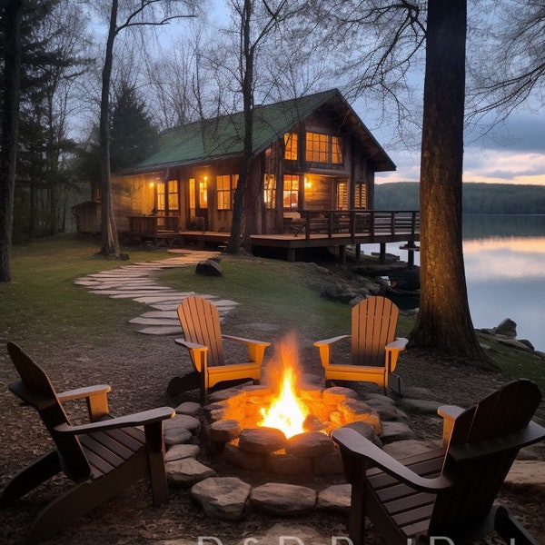 Modern Lakefront Cabin with Chairs Around Campfire Art Print ~ 8x10 ~ One of a Kind Art ~ JPG ~ 300 DPI ~ Unframed High Gloss Paper