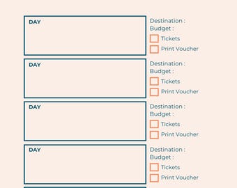 May include: A peach-colored Itinerary Planner with teal boxes for each day. The title is in a script font. Includes sections for destination, budget, tickets, and print voucher. Decorative arrows and a paper airplane are also included.
