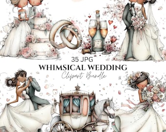Whimsical Watercolor Wedding Clipart – Floral Elements, Rings, Cake (35 JPG)