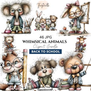 Può includere: Un pacchetto di clipart digitali con illustrazioni di animali stravaganti. L'immagine include un elefante, conigli, gufi, orsi, un gatto, un cane e una giraffa, tutti vestiti con abiti a tema scolastico. Il testo sull'immagine recita "46 JPG WHIMSICAL ANIMALS Clipart Bundle BACK TO SCHOOL."