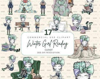 Winter Girl Reading Clipart Bundle, Christmas PNG (Digital Download)