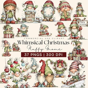 May include: A selection of whimsical Christmas gnome illustrations. The gnomes are shown in various poses, wearing festive hats and outfits, and surrounded by holiday decorations. The image includes the text "Whimsical Christmas Fluffy Gnome" and "37 PNGS | 300 DPI".