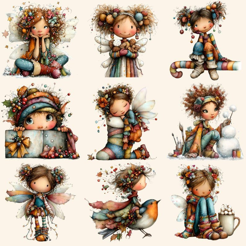 May include: A collection of nine whimsical illustrations of fairies. Each fairy is depicted with large eyes, floral accents, and colorful clothing. Some fairies are holding gifts, cuddling toys, or interacting with a snowman. The overall theme is fantasy and charm.