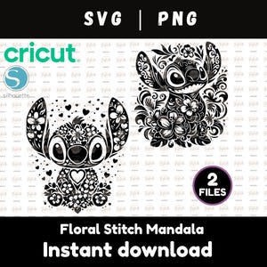 Puede incluir: Descarga digital de un mandala Stitch floral en blanco y negro. La imagen presenta dos diseños del personaje Stitch, uno con un diseño en forma de corazón y otro con un diseño floral. También se incluye el texto "Floral Stitch Mandala Instant download".