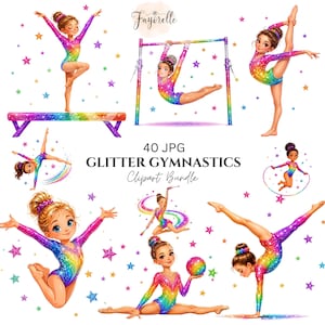Peut inclure: Un ensemble d'images numériques représentant des gymnastes en justaucorps à paillettes arc-en-ciel effectuant des exercices sur poutre, barres, cerceaux et ballons, avec des étoiles colorées et le texte 40 JPG GLITTER GYMNASTICS.